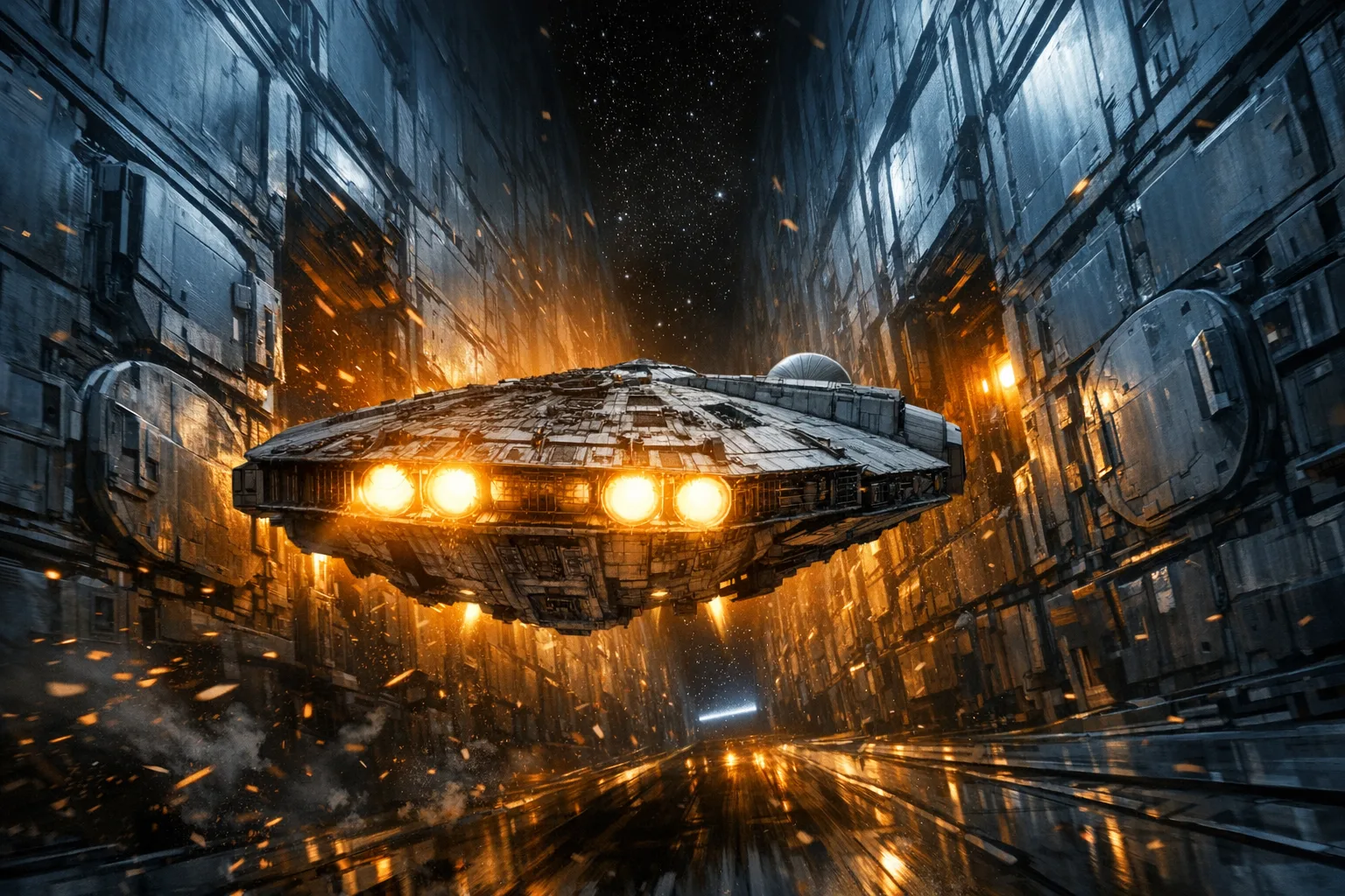 A battered space freighter flying at high speed through a narrow corridor of sealed vault doors and metallic walls, dramatic amber backlighting and deep shadows, cinematic sci-fi concept art in a Star Wars visual style