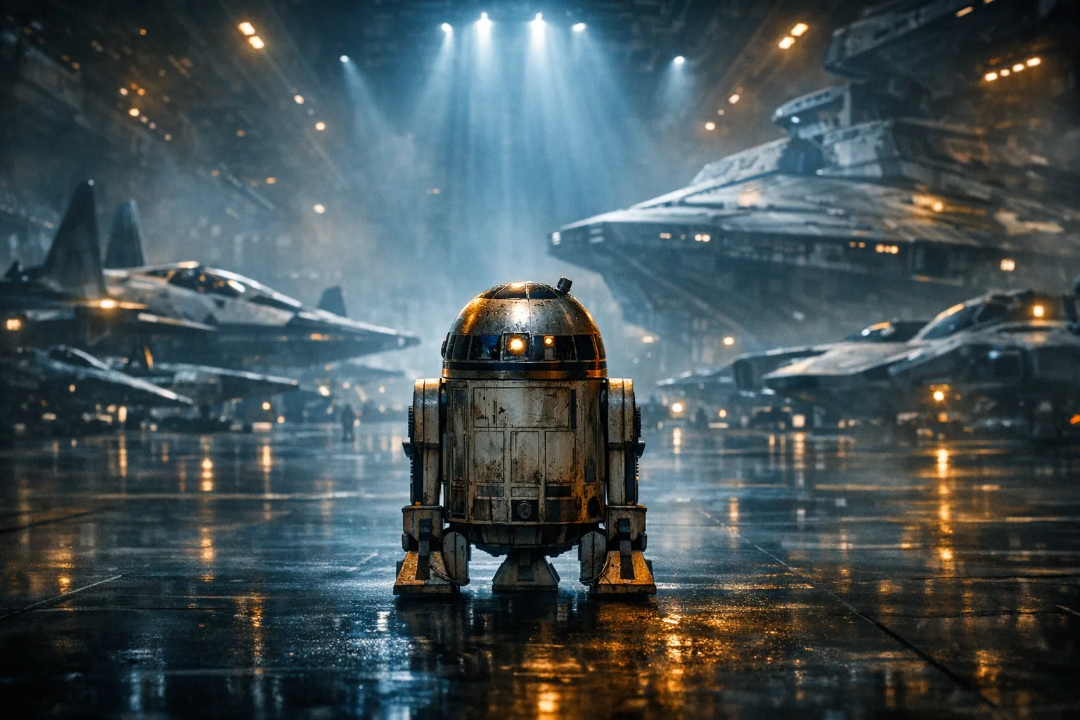 A weathered astromech droid standing alone in a vast modern starship hangar, surrounded by sleek advanced spacecraft, bathed in dramatic blue and amber cinematic lighting