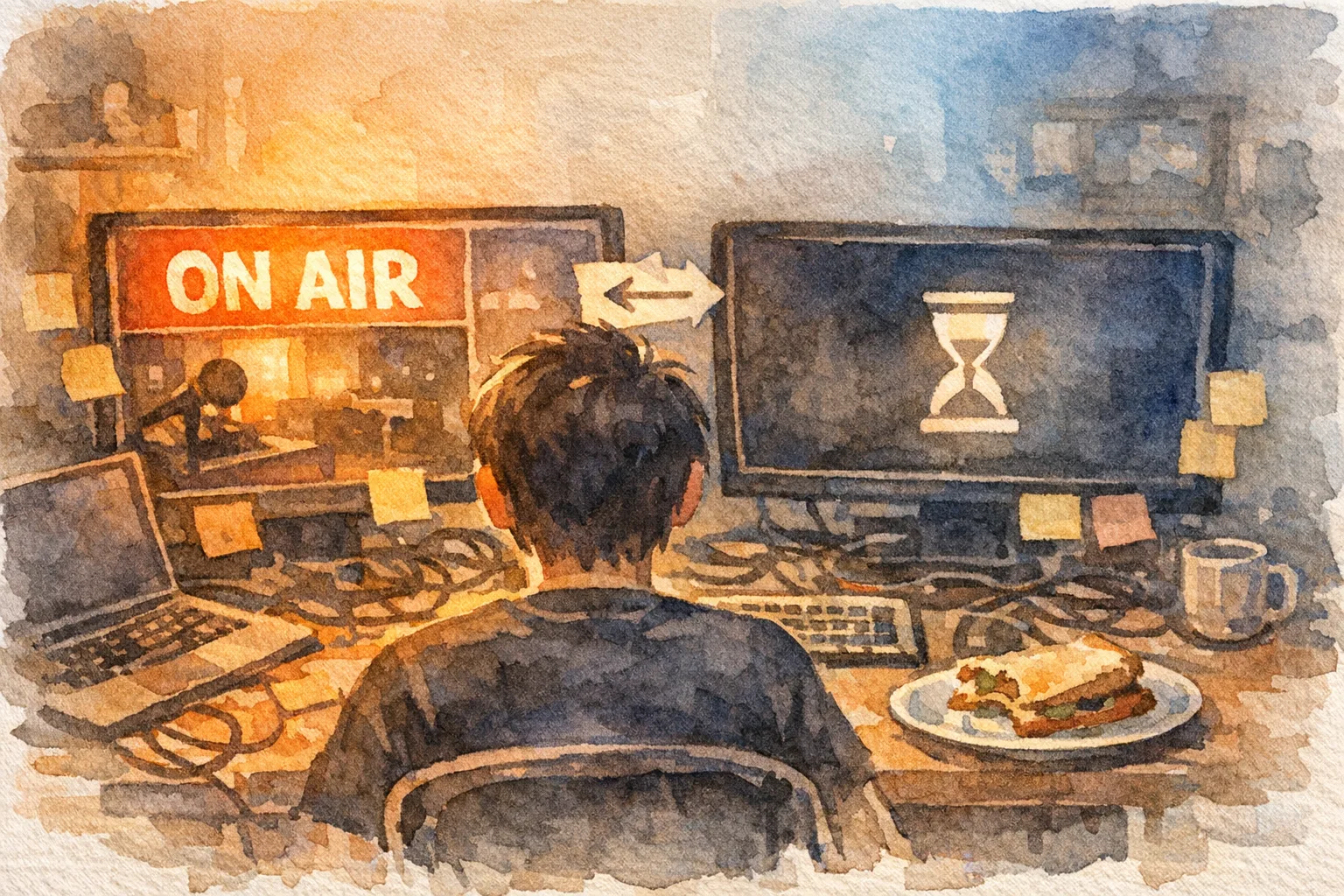 Watercolor illustration of a person sitting at a dual-monitor streaming desk with cables and a half-eaten sandwich, where the live output and preview screens appear to be swapped