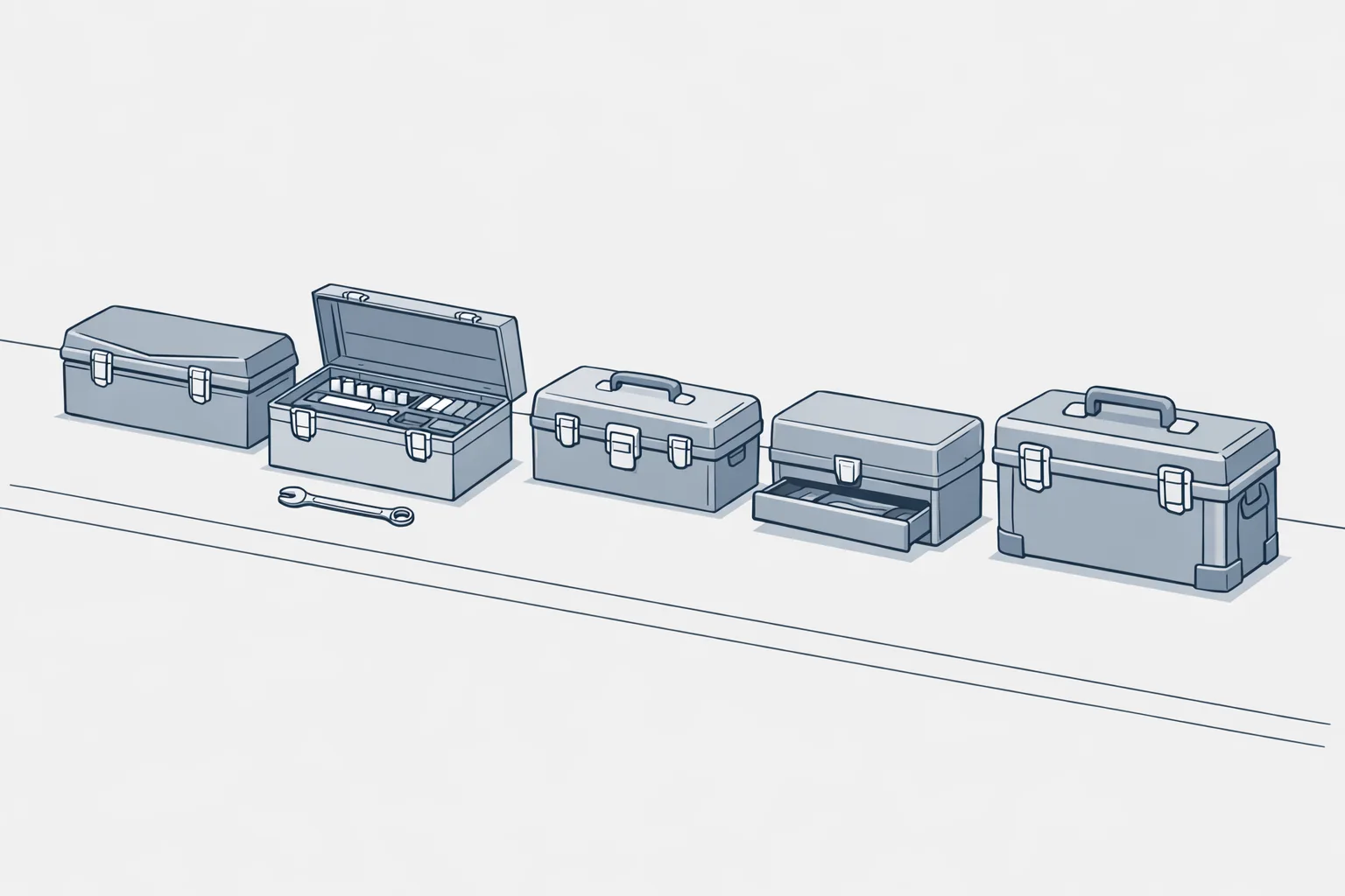 Illustration of five toolboxes on a workbench with one open and a wrench beside it, representing a comparison of payroll software options where one stands out as the most functional