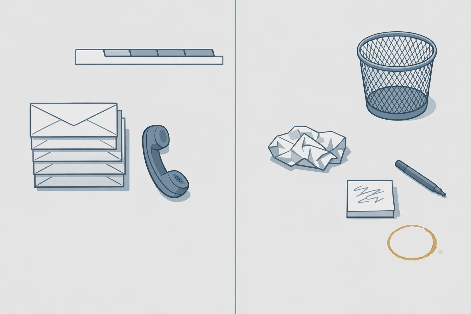 Technical illustration showing a split desk - one side with a neat organized stack of five envelopes and a phone representing systematic outreach, the other side with a single crumpled discarded envelope representing abandoned manual follow-up