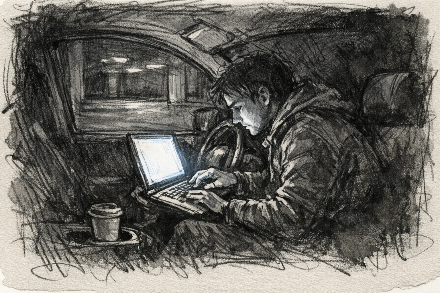 Expressive pencil and ink sketch of a person working alone on a laptop in a dark parked car at night, screen light illuminating their face, parking structure visible through the window