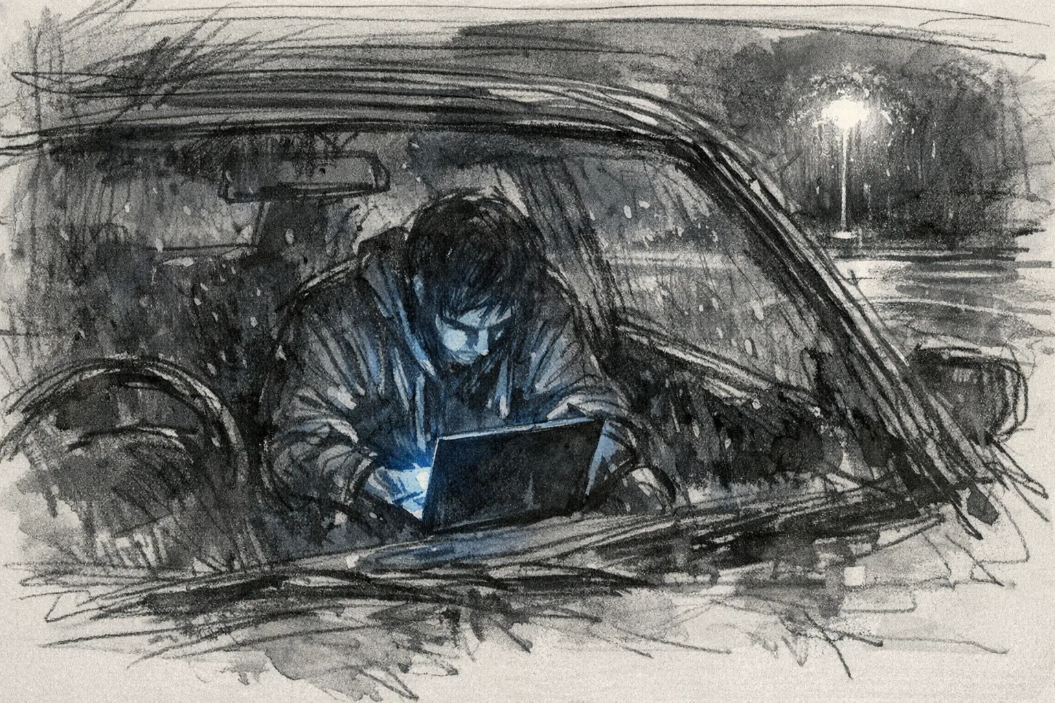Expressive pencil and ink sketch of a person sitting alone in a parked car at night, hunched over a glowing laptop screen, rain on the windows, parking lot darkness outside
