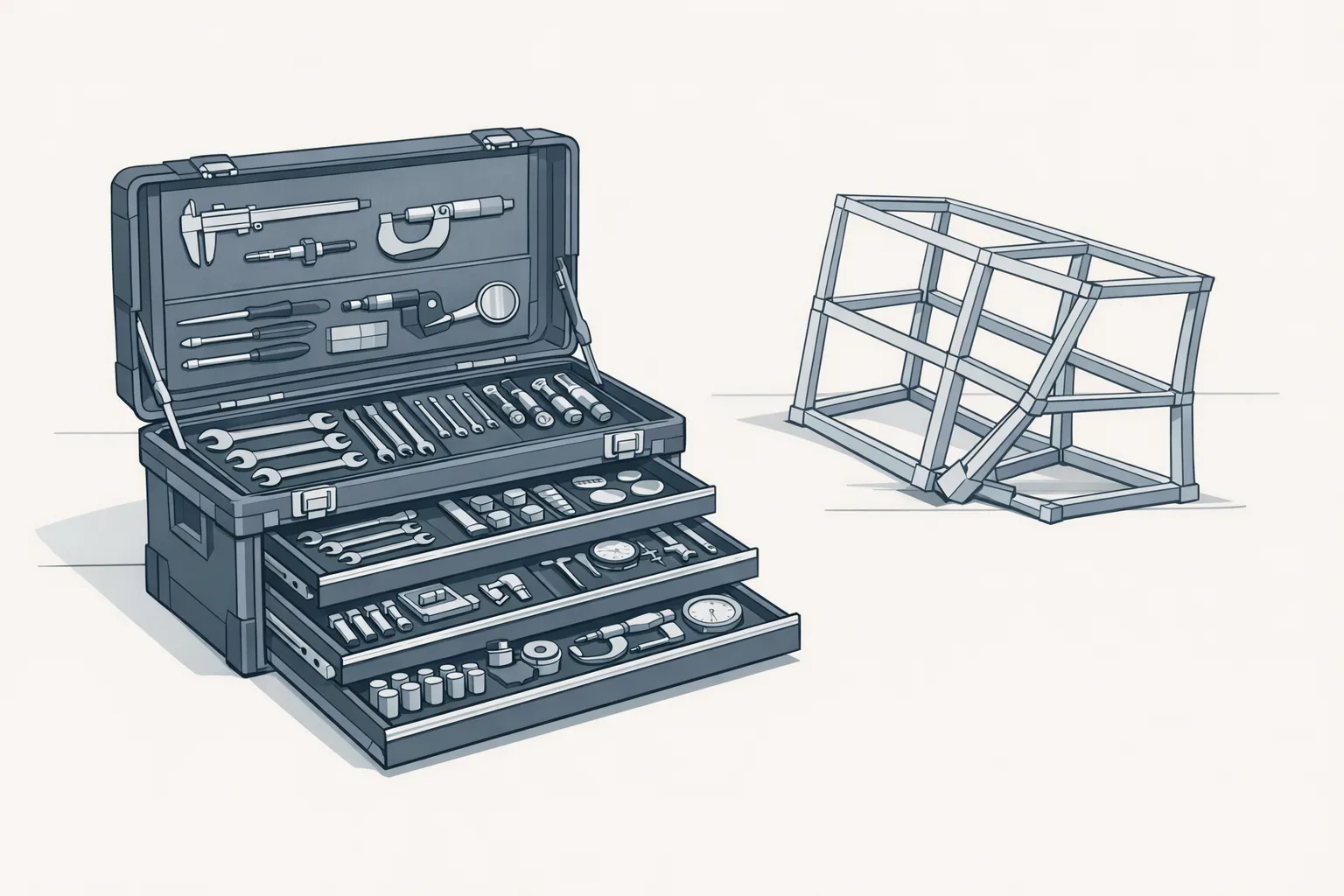 A pristine open professional toolbox with unused precision tools sitting beside a small collapsed structural frame, illustrated in a clean minimal technical style with muted gray and slate blue tones