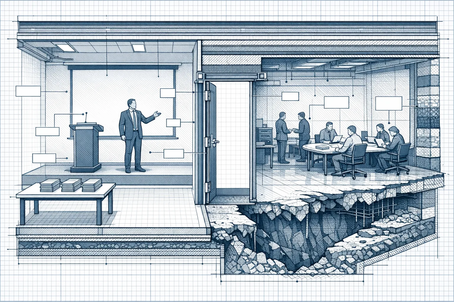 Technical blueprint cross-section illustration showing a salesperson mid-presentation in a polished showroom stepping toward a doorway, unaware the floor on the other side has collapsed into a structural chasm where multiple buyers sit in a reconfigured room built on a different foundation