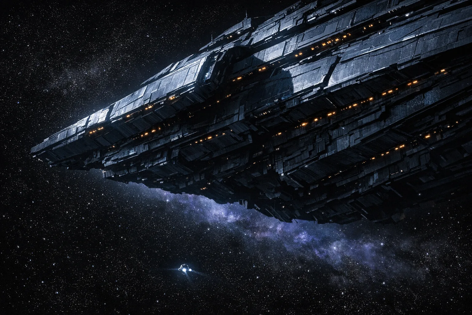 A massive dark capital ship pursuing a single small vessel through deep space, dramatic cinematic lighting with cold blue shadows and distant starfield nebula