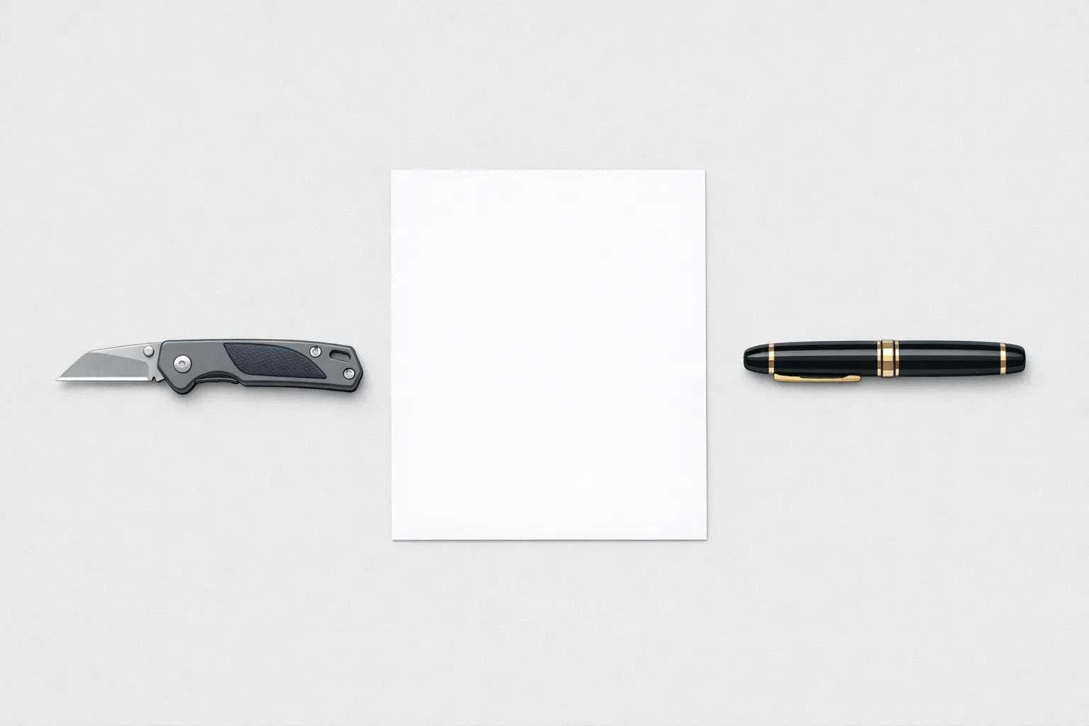 Flat lay illustration of a utilitarian utility knife and an ornate fountain pen placed side by side on a plain surface, representing the contrast between practical tool choice and perceived status of expensive alternatives