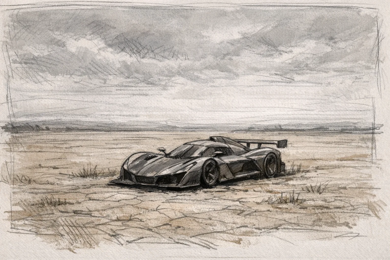 Sketch illustration of a futuristic race car sitting motionless in an empty dirt field with no road or track in sight, rendered in rough pencil and ink wash style with muted earthy tones