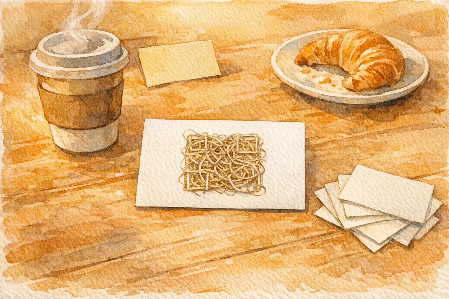 Watercolor illustration of an elegant business card on a wooden breakfast table, with a tangle of string arranged in a QR code shape, surrounded by a coffee cup, croissant, name tag, and scattered business cards in warm morning light