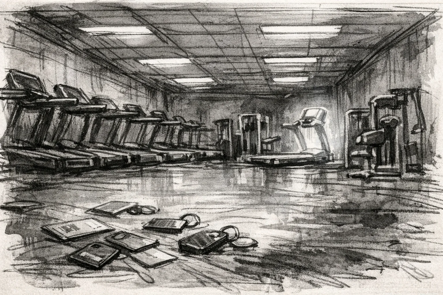 Sketch illustration of an empty gym with rows of unused treadmills and exercise machines, membership cards scattered on the floor, rendered in rough pencil and ink wash style