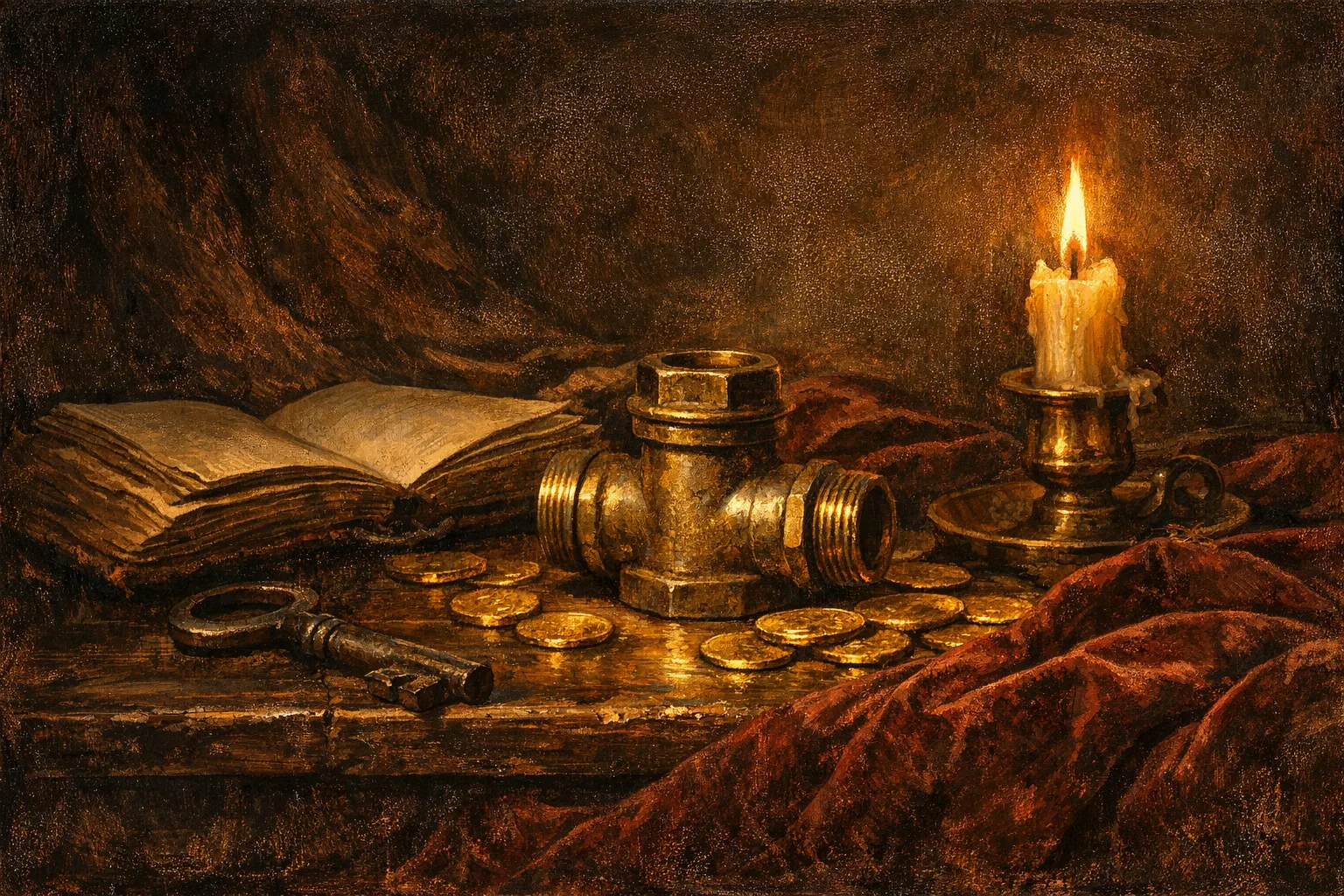 Baroque oil painting still life with a brass pipe fitting surrounded by gold coins, an open ledger, and a burning candle on a dark velvet-draped table, rendered in dramatic Rembrandt chiaroscuro lighting