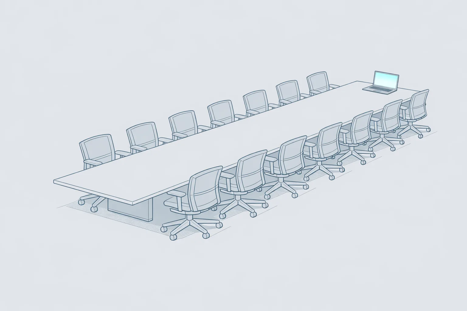 Minimal technical illustration of a long conference table with twelve empty office chairs and a single glowing laptop at one end, representing declining per-seat software licensing as AI agents replace individual users