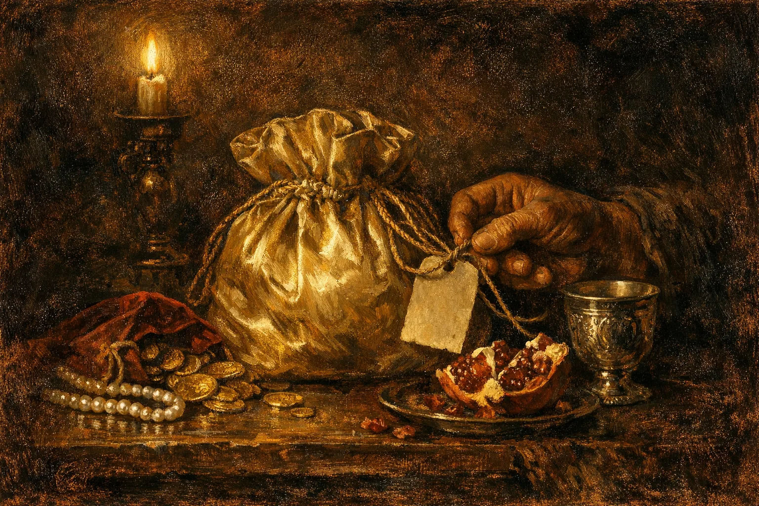 Baroque oil painting of a luxurious still life with silk handbag, pearls, gold coins and goblet on a dark table, with a hand emerging from shadow to tie a plain paper tag onto the handbag with twine, dramatic Rembrandt-style candlelight