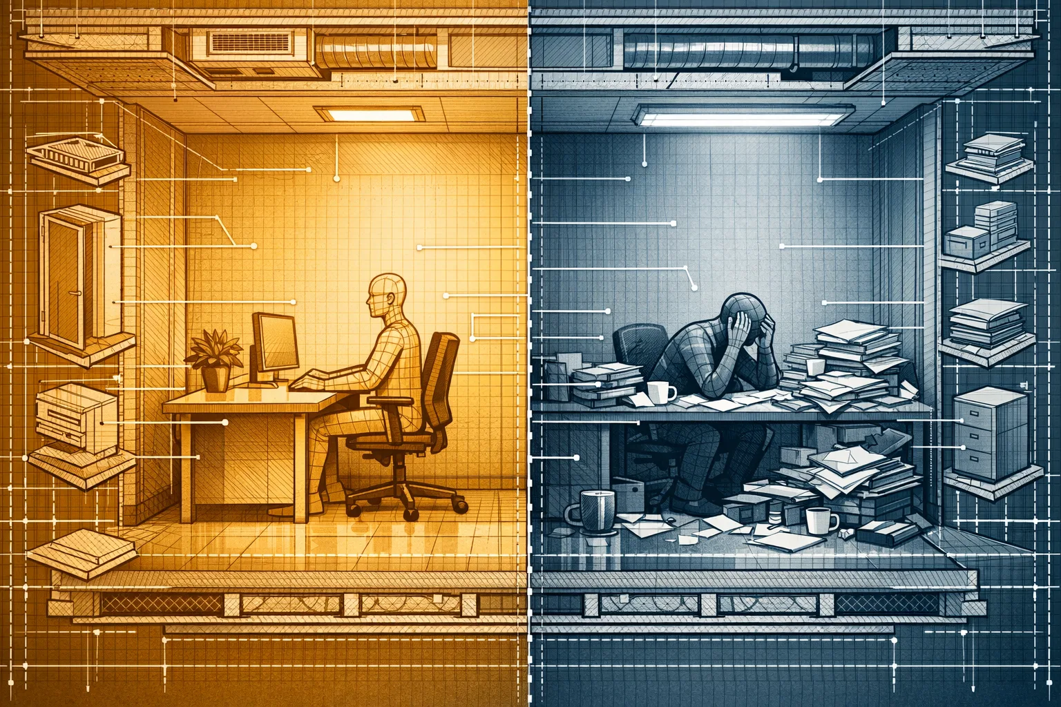 Blueprint-style technical illustration of an office room split down the middle, one half in warm calm lighting with an organized desk and upright figure, the other half in cold blue lighting with a cluttered desk and hunched anxious figure, rendered in precise cross-section schematic style