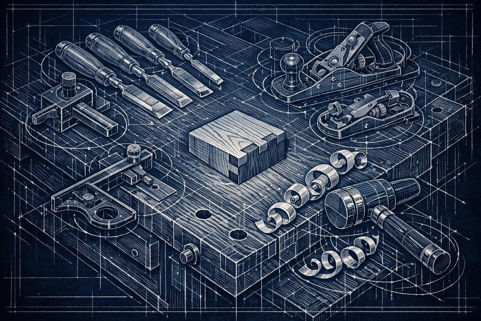 Technical blueprint-style illustration of a craftsman workbench with precision hand tools arranged around a perfect dovetail joint, rendered in aerospace cross-section drawing style with deep navy and cyan linework