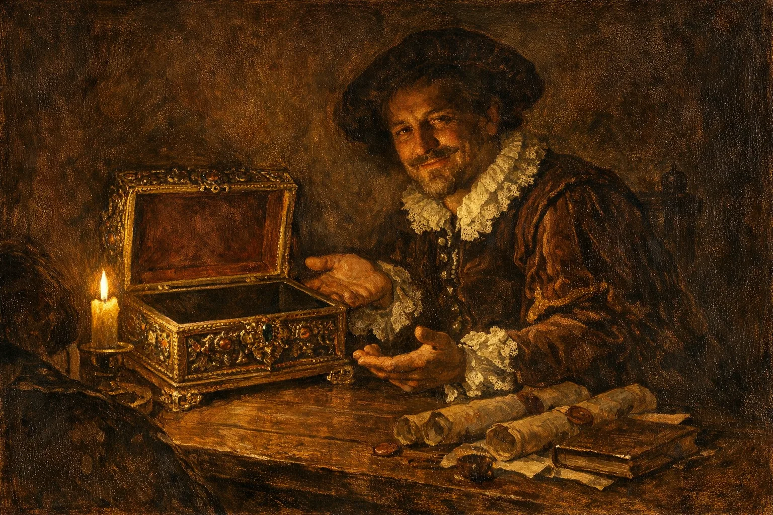 Baroque oil painting of a merchant in 17th century dress presenting an ornate but empty gilded box across a candlelit table, in the style of Rembrandt with deep chiaroscuro shadows and warm amber lighting