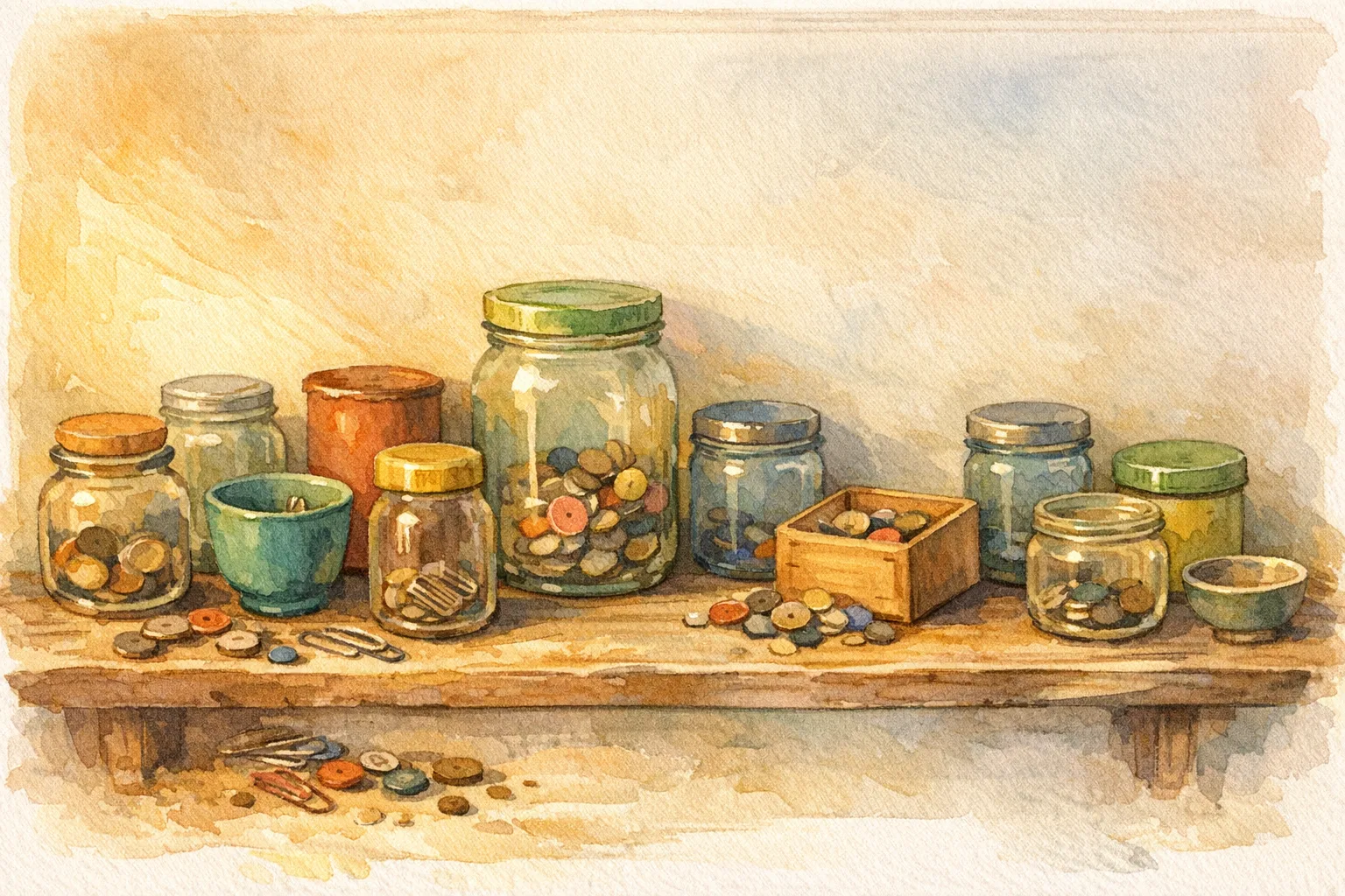A cluttered wooden shelf holding many mismatched jars, tins, and containers of different sizes, each meant to store the same type of small object, with some nearly empty, one upside down, and a lid sitting on the wrong container, bathed in warm golden light