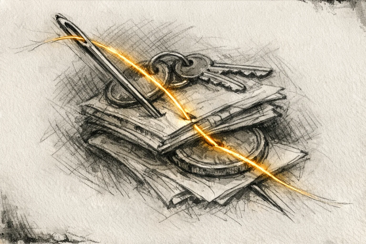 Expressive pencil and ink sketch of a sewing needle threading through a keyring, ledger, medallion and folded card in one continuous glowing amber thread, binding them all together against a raw paper background