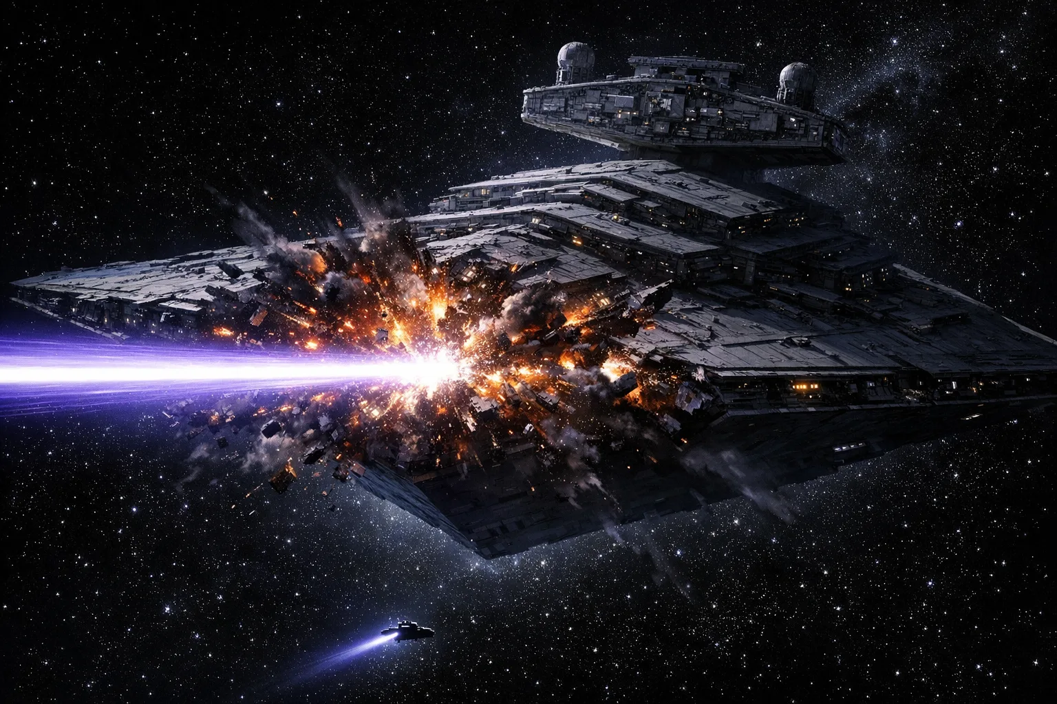 Cinematic sci-fi concept art of a massive Star Destroyer being cut through by a blinding hyperspace lance fired from a small rebel ship below, dramatic purple and white light splitting the destroyer apart against a deep space background