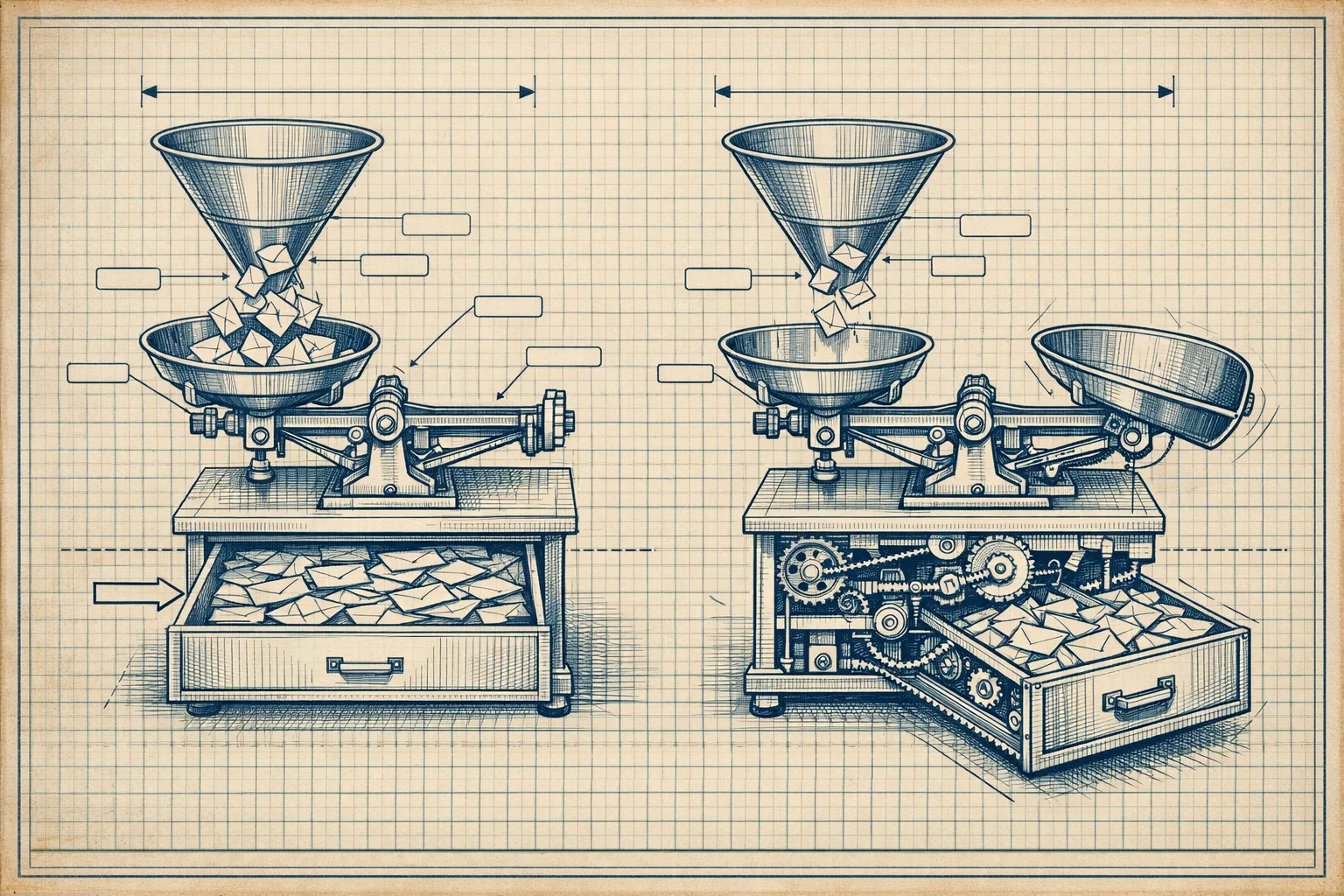 Technical blueprint cross-section illustration of two mechanical balance scales side by side, the left scale measuring only falling envelopes while the right scale is mechanically linked to a massive overflowing storage drawer below, showing how contact-based billing creates hidden cost pressure
