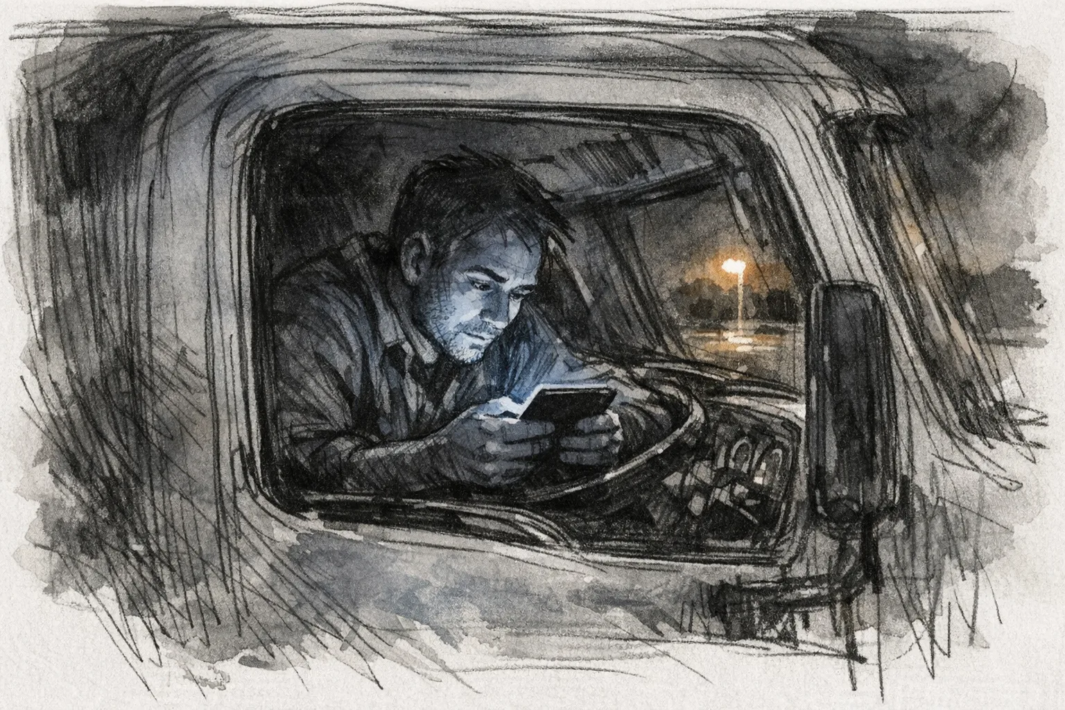 Sketch illustration of a contractor sitting alone in a dark truck cab, face illuminated by the glow of a tablet screen, absorbed in what he is reading late at night in an empty parking lot