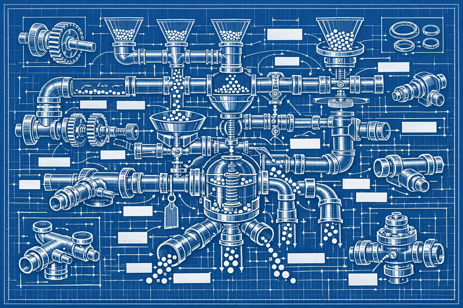 Technical blueprint schematic of an industrial pipeline sorting system with mechanical valves, gear chambers, and three-way distribution manifolds shown in cross-section, representing automated lead routing and qualification in CRM software