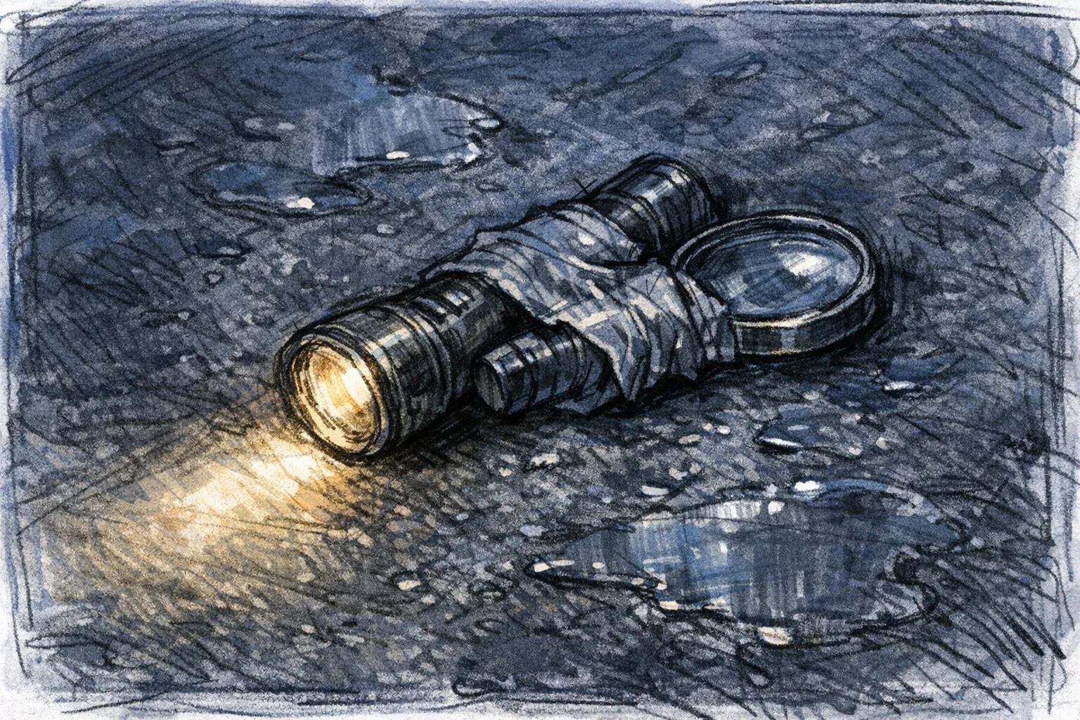 Sketch illustration of a flashlight and magnifying glass bound together with duct tape on wet asphalt, lit by a soft beam of light