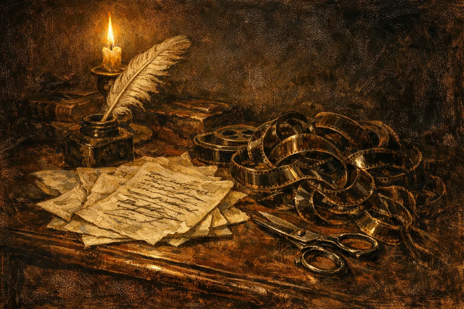Baroque oil painting of a writing desk with a quill pen, inkwell, crossed-out manuscript pages, film reels, and antique scissors illuminated by warm candlelight in the style of Rembrandt
