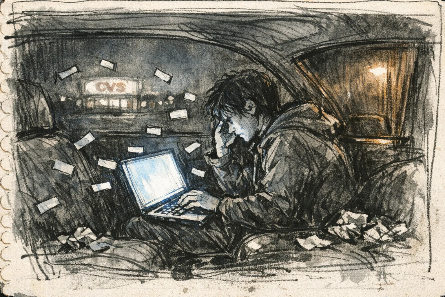 Expressive pencil and ink sketch of a person editing video on a laptop inside a parked car at night, film strips floating around them in the dim glow of the screen
