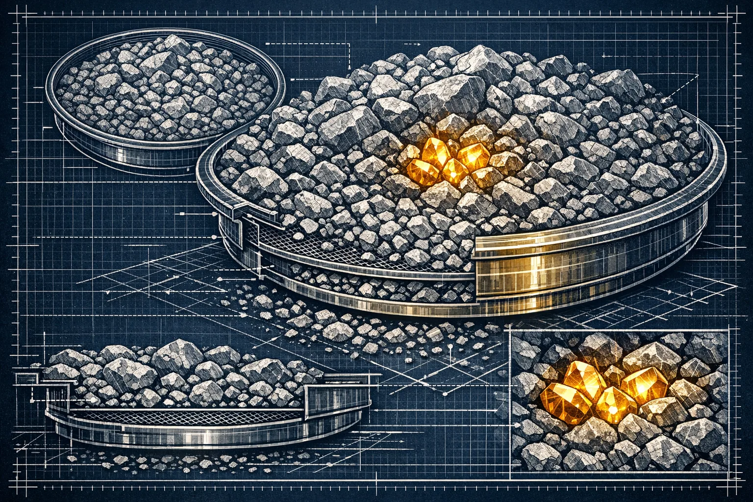 Technical blueprint cross-section illustration of a gold panning sieve tray filled with hundreds of gray gravel stones with only a small cluster of glowing gem crystals visible among the debris, rendered in detailed engineering diagram style with orthographic projection views