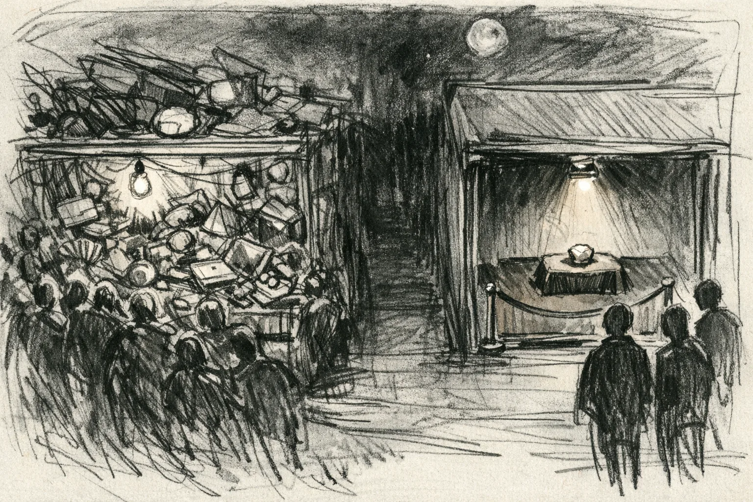 Sketch illustration of two market stalls at night, one chaotic and overflowing with goods and crowds, one sparse and velvet-roped with a single spotlit item, representing the contrast between open marketplace and curated broker platforms