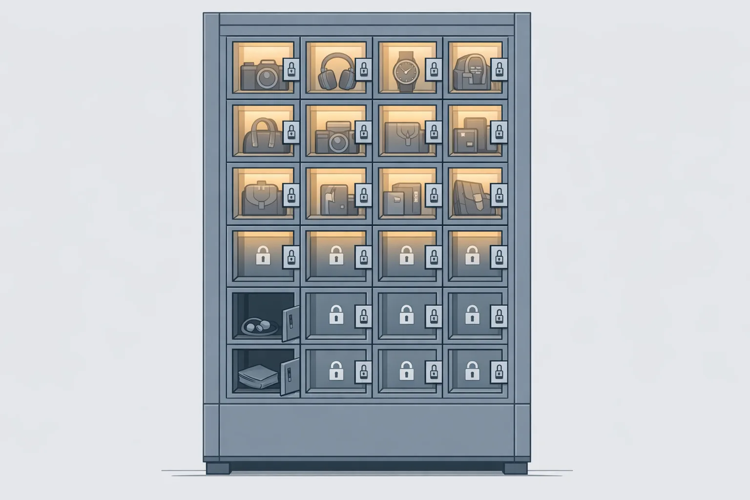 Technical illustration of a vending machine with most compartments locked behind padlocks and coin slots, only a few small plain items accessible, representing limited free tiers in software pricing models