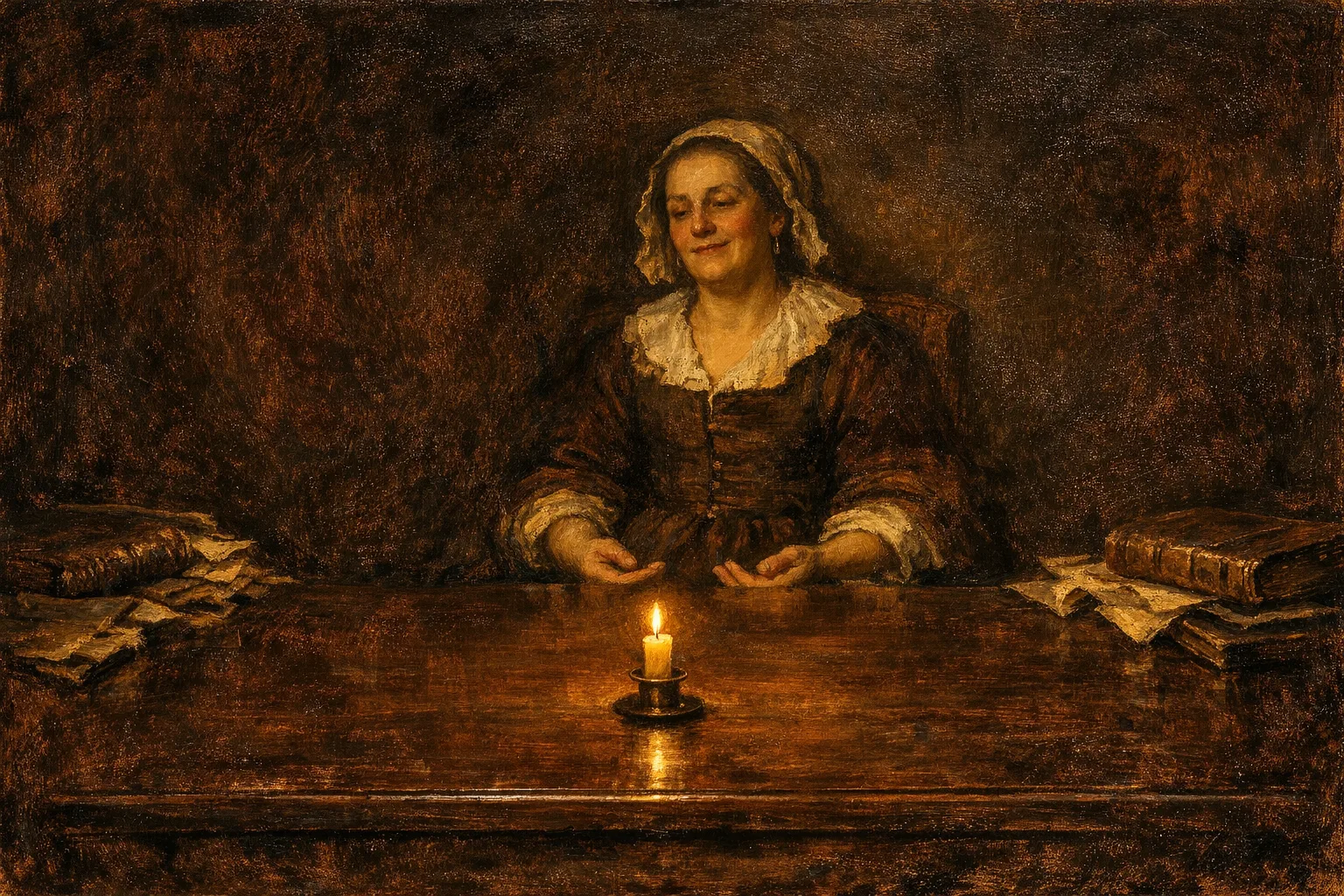 Baroque oil painting of a relieved woman sitting at a candlelit wooden table with old ledgers pushed aside and a clear empty space in front of her, representing freedom from payroll stress