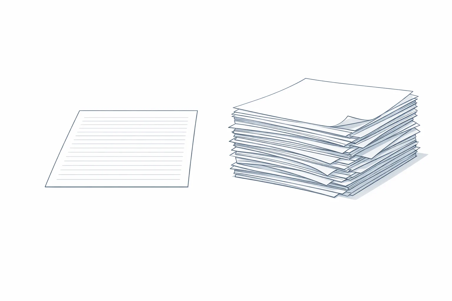 Illustration of two billing documents side by side - one a single clear sheet, the other a thick obscured stack - representing transparent versus opaque software pricing structures