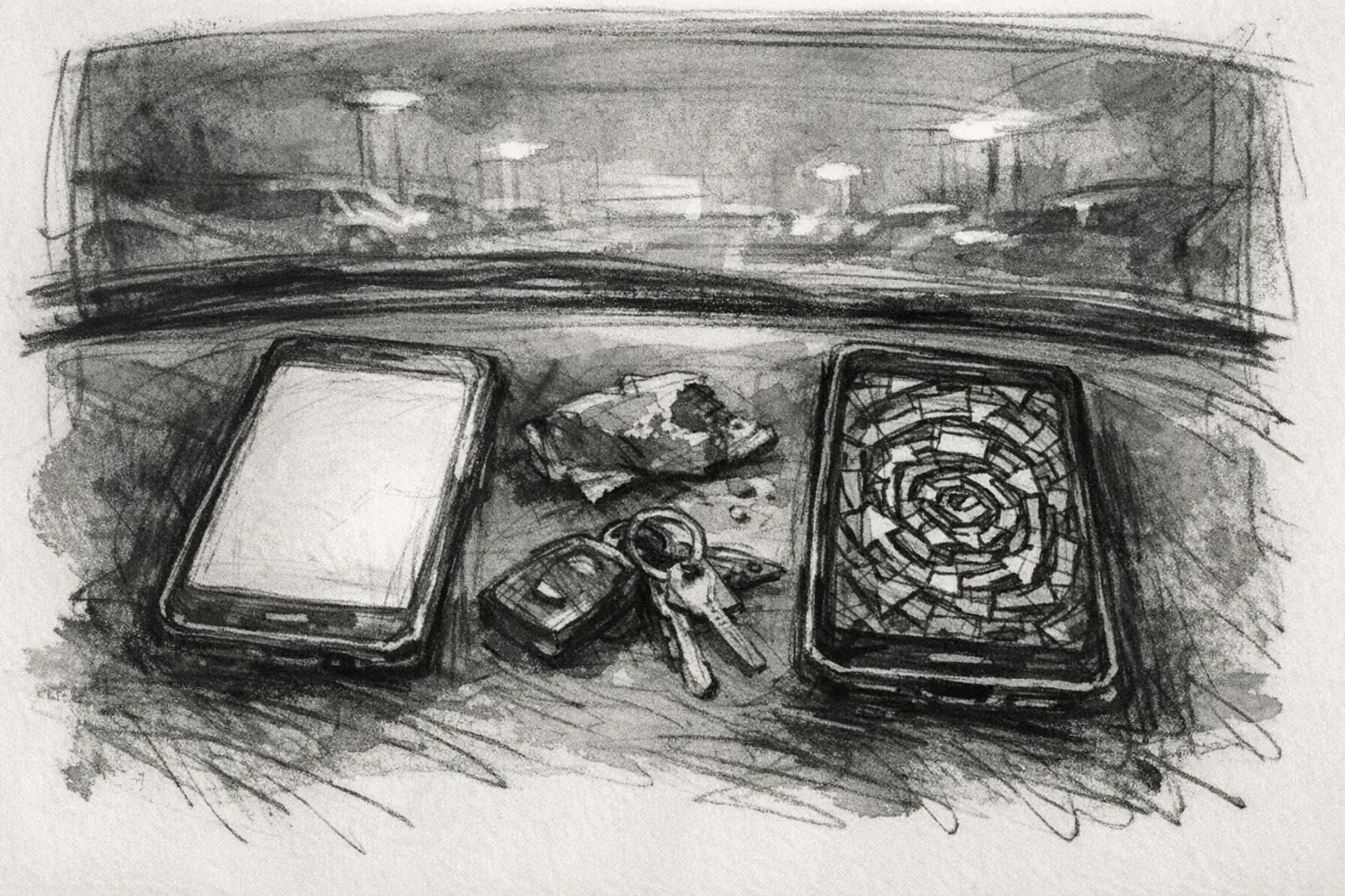 Sketch illustration of two smartphones on a dark car dashboard at night, one displaying a calm clean screen and the other showing a tangled maze of overlapping screens, representing the contrast between simple and complex payroll software setup experiences