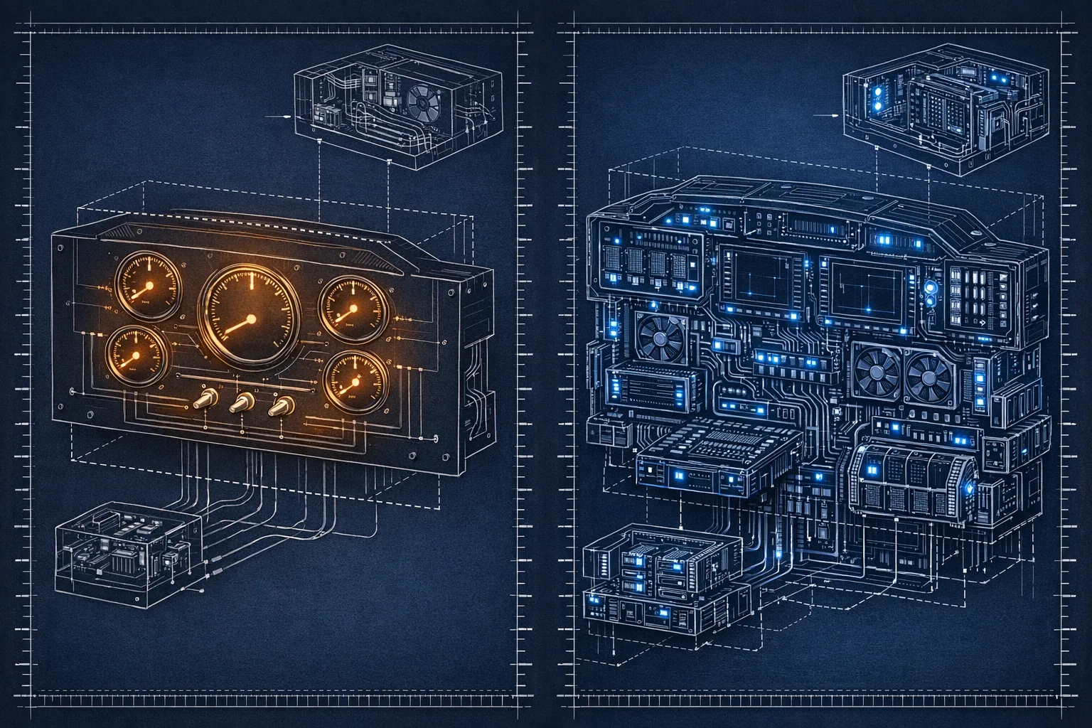 Technical blueprint illustration showing two cockpit control panels side by side - a simple minimal dashboard on the left with a few clean gauges and switches, and a complex densely packed control system on the right with dozens of interlocking modules and subsystems, rendered in aerospace engineering cross-section drawing style