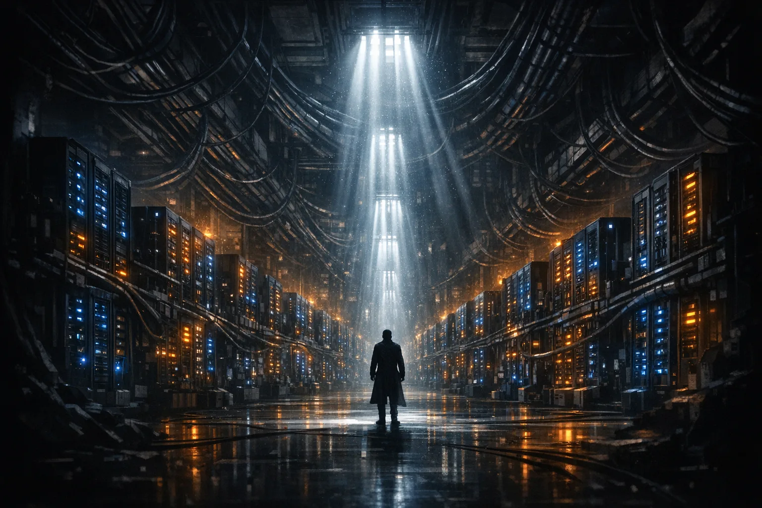 A lone figure standing in a massive glowing server infrastructure chamber with dramatic light shafts cutting through deep shadows, rows of illuminated relay towers stretching into darkness