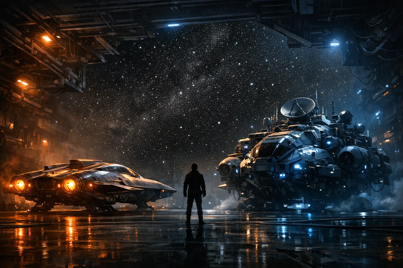 Two spacecraft with contrasting designs in a dramatic sci-fi hangar bay - one built for speed with glowing engines, one equipped with sensor arrays and scanning equipment, separated by a silhouetted figure standing between them under an open star field