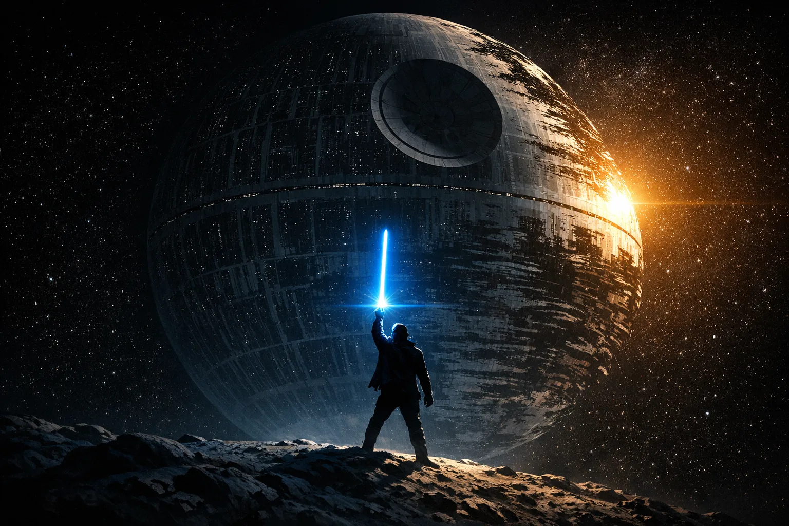 A lone silhouetted figure holding a glowing blue lightsaber faces an enormous spherical battle station looming in deep space, dramatic cinematic lighting with electric blue and cold grey tones