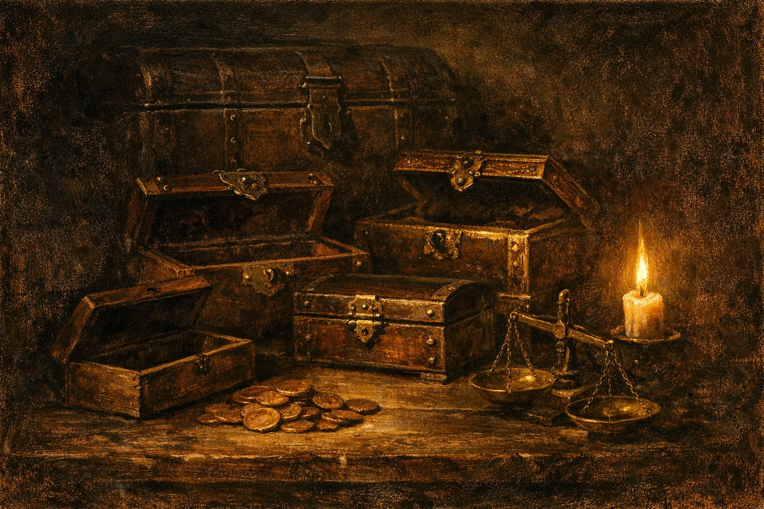 Baroque oil painting of a merchant table with stacked boxes of increasing size and ornateness, lit by candlelight in deep shadow, representing layered pricing tiers