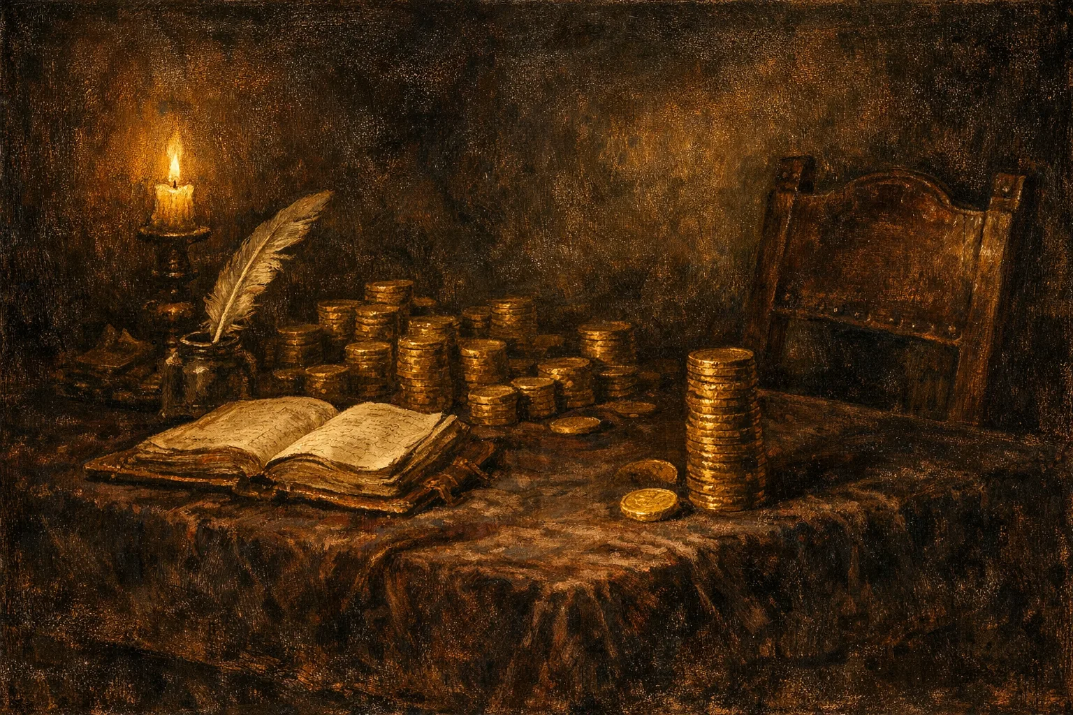 Baroque oil painting of gold coins grouped in uneven stacks on a counting table, with one lone coin beside a much larger pile, candlelight casting dramatic shadows across the scene