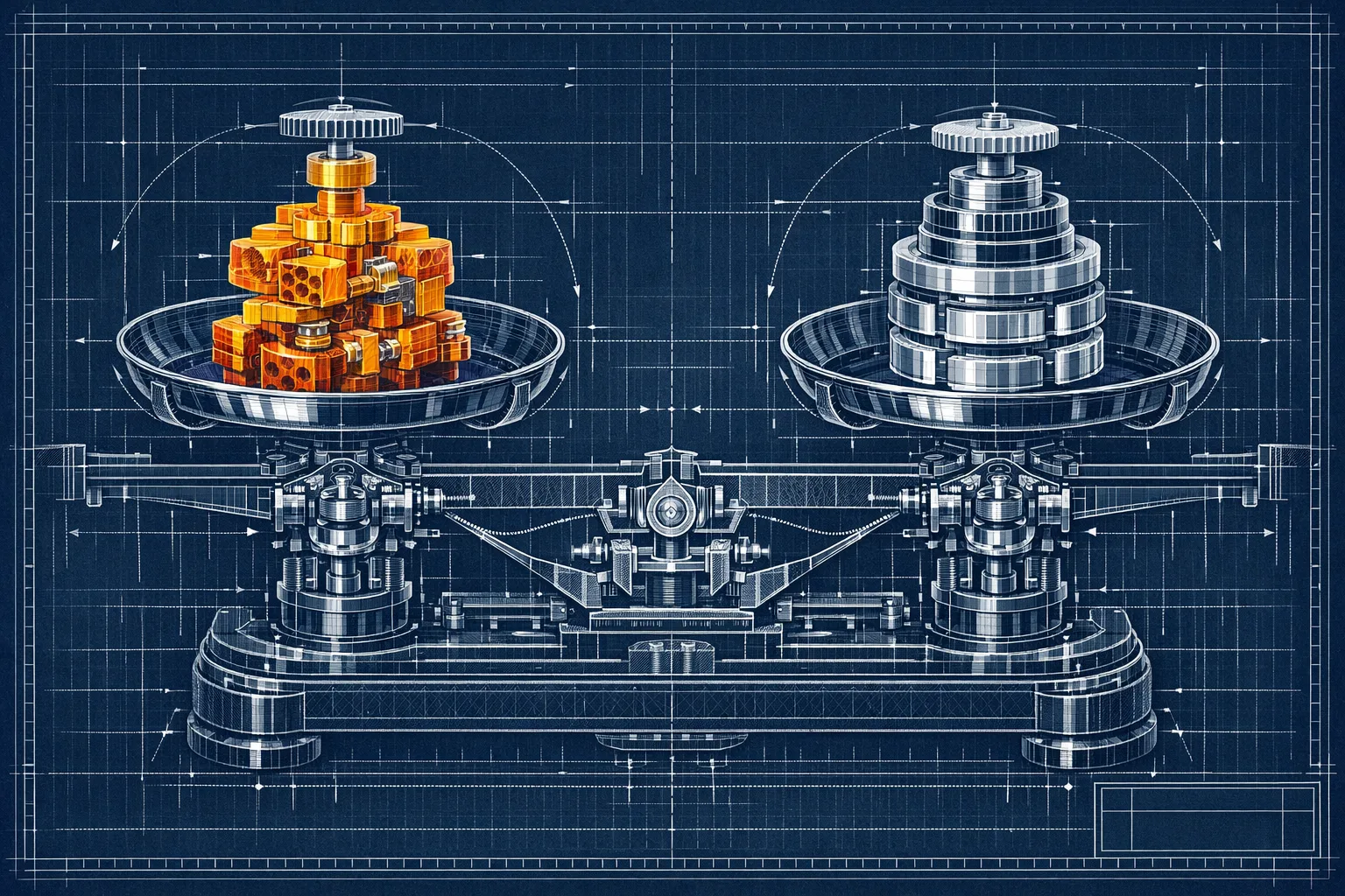 Technical blueprint illustration showing two precision balance scales side by side, each holding different gear assemblies representing monday.com and Asana, nearly perfectly balanced on a navy drafting background