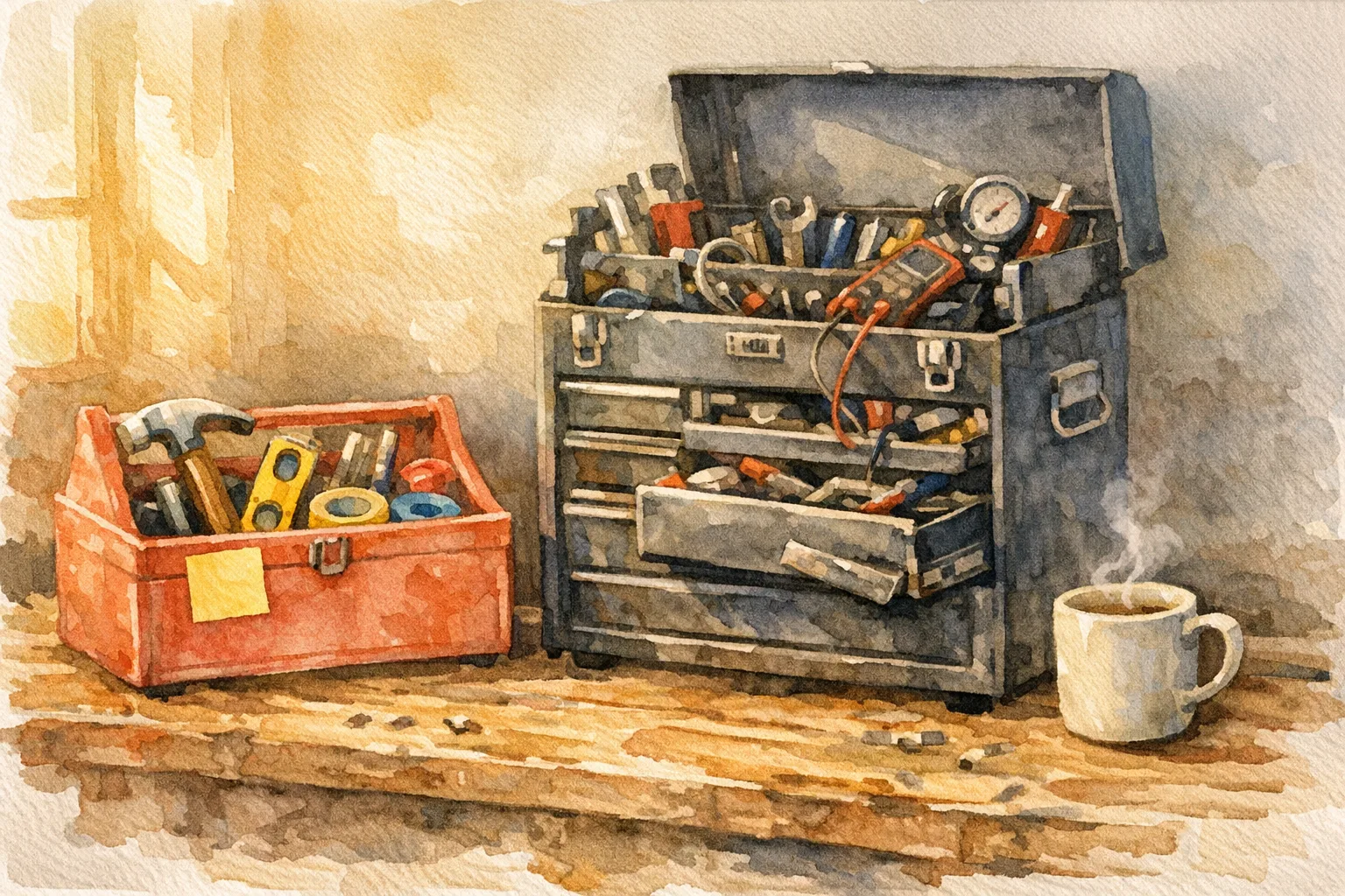 Watercolor illustration of two toolboxes on a workbench, one small and colorful with simple organized tools, one large and industrial with many overflowing compartments, representing the contrast between an approachable project management tool and a more complex enterprise option