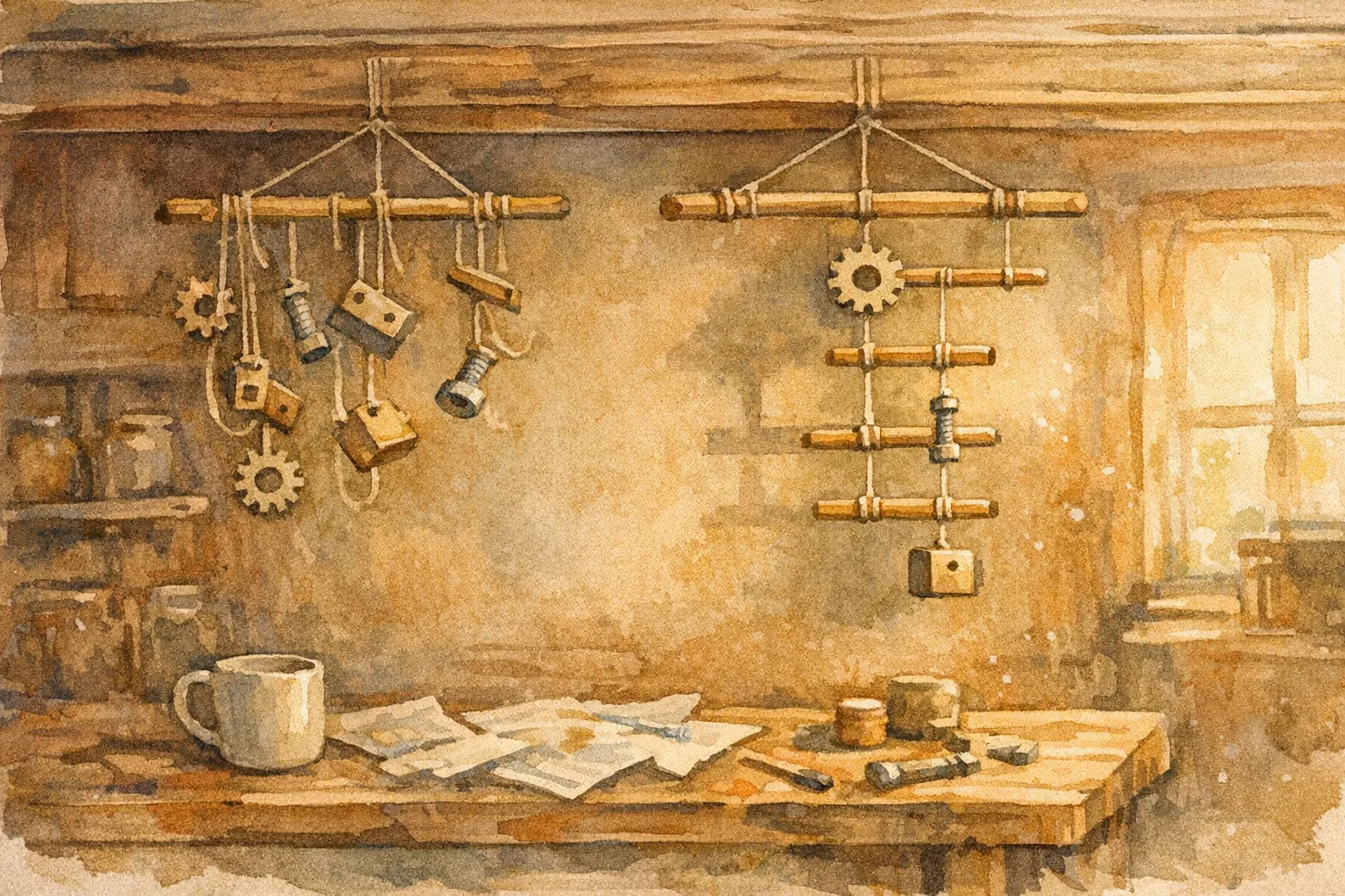 Watercolor illustration of a handmade workshop mobile hanging from a ceiling beam, with components arranged incorrectly on the left side and correctly in a logical tree structure on the right, warm amber lighting over a cluttered workbench below