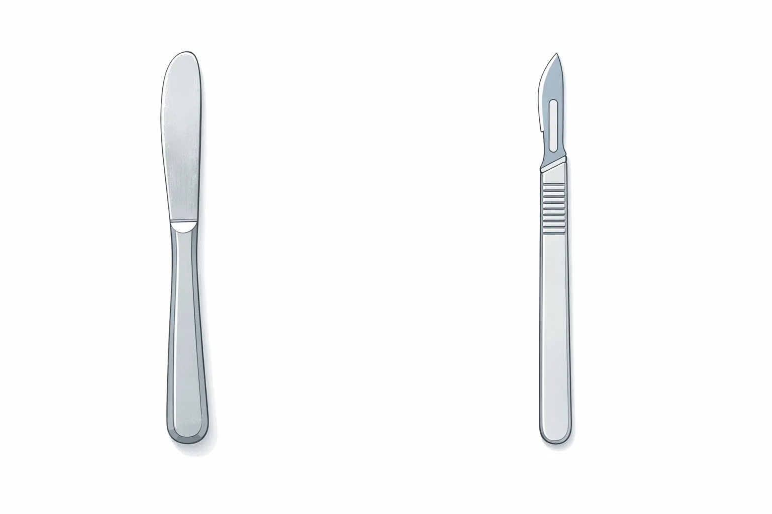 Flat lay illustration comparing a butter knife and a surgical scalpel side by side on a white surface, representing the difference between manual PowerPoint timeline building and a purpose-built tool