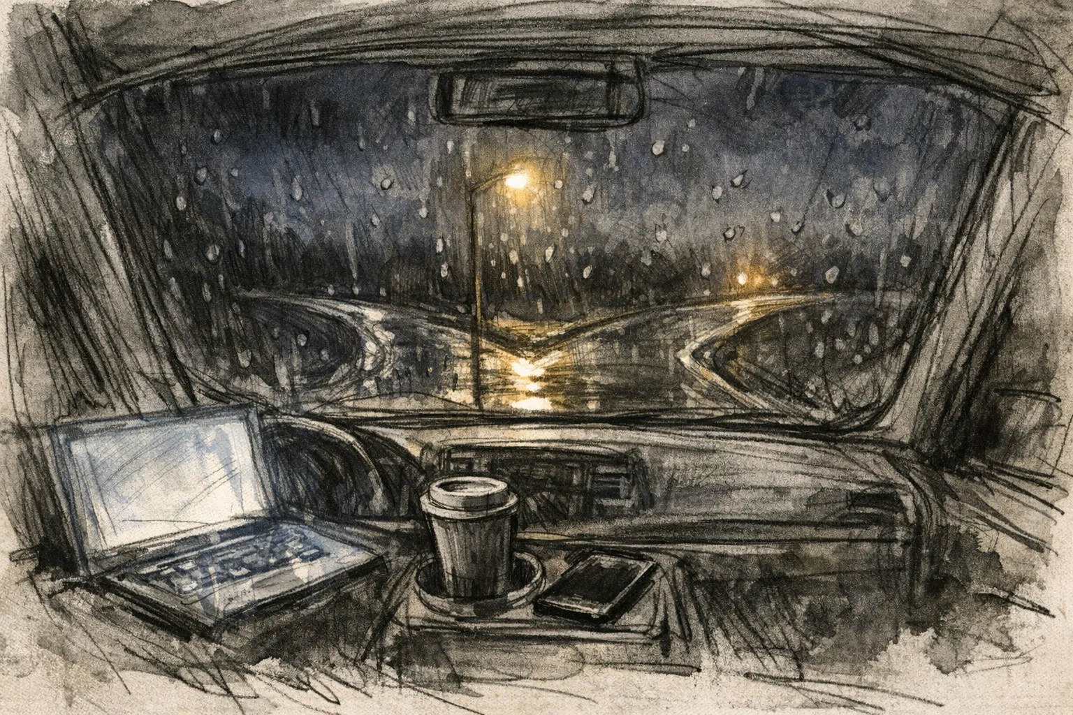 Sketch illustration of a view from inside a parked car at night, looking through a rain-spotted windshield at a road splitting into two paths under a streetlight, with a laptop glow reflecting off the glass and a coffee cup in the cupholder