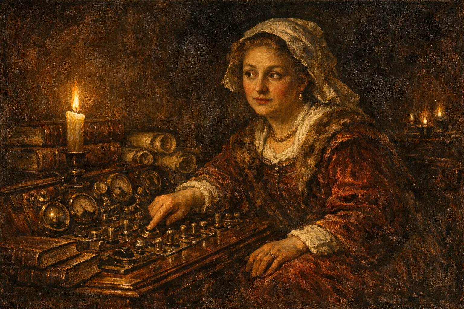 Baroque oil painting of a woman in period clothing operating an ornate panel of brass dials and switches by candlelight, surrounded by ledgers and scrolls in dramatic Rembrandt-style lighting