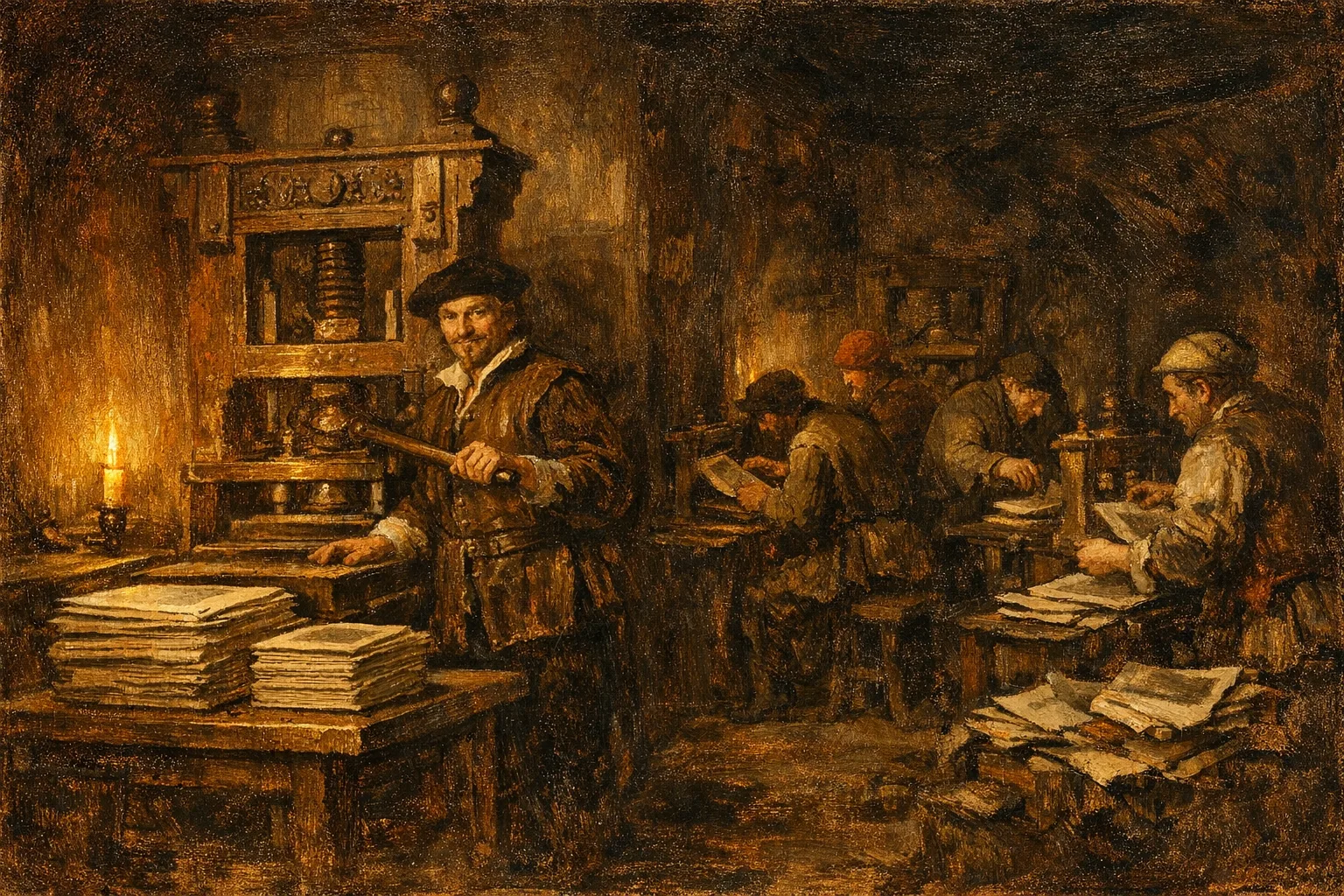 Baroque oil painting showing a workshop with one craftsman operating a single organized printing press on the left in warm golden light, contrasted with multiple workers tending separate smaller presses in darker corners on the right, illustrating centralized versus distributed fulfillment models