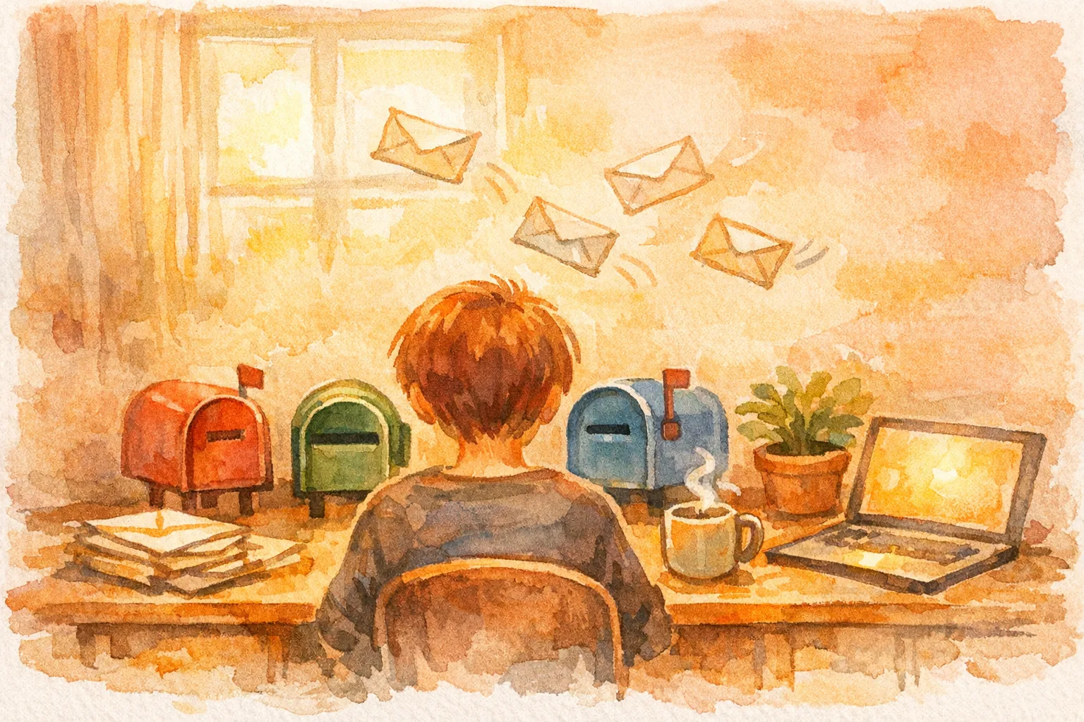 Watercolor illustration of a person at a cozy desk with three small mailboxes, one facing the wrong direction, surrounded by floating envelopes and warm morning light