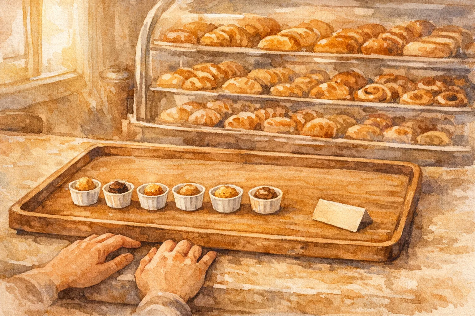 Watercolor illustration of a bakery counter with only five small sample cups on a large empty tray, with full pastries visible behind a glass case in the background
